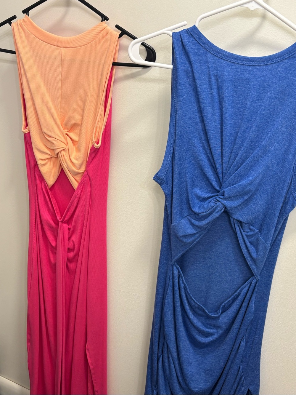 2 Sleeveless Twist-Back Maxi Dress in Fuchsia/Peach and Royal Blue